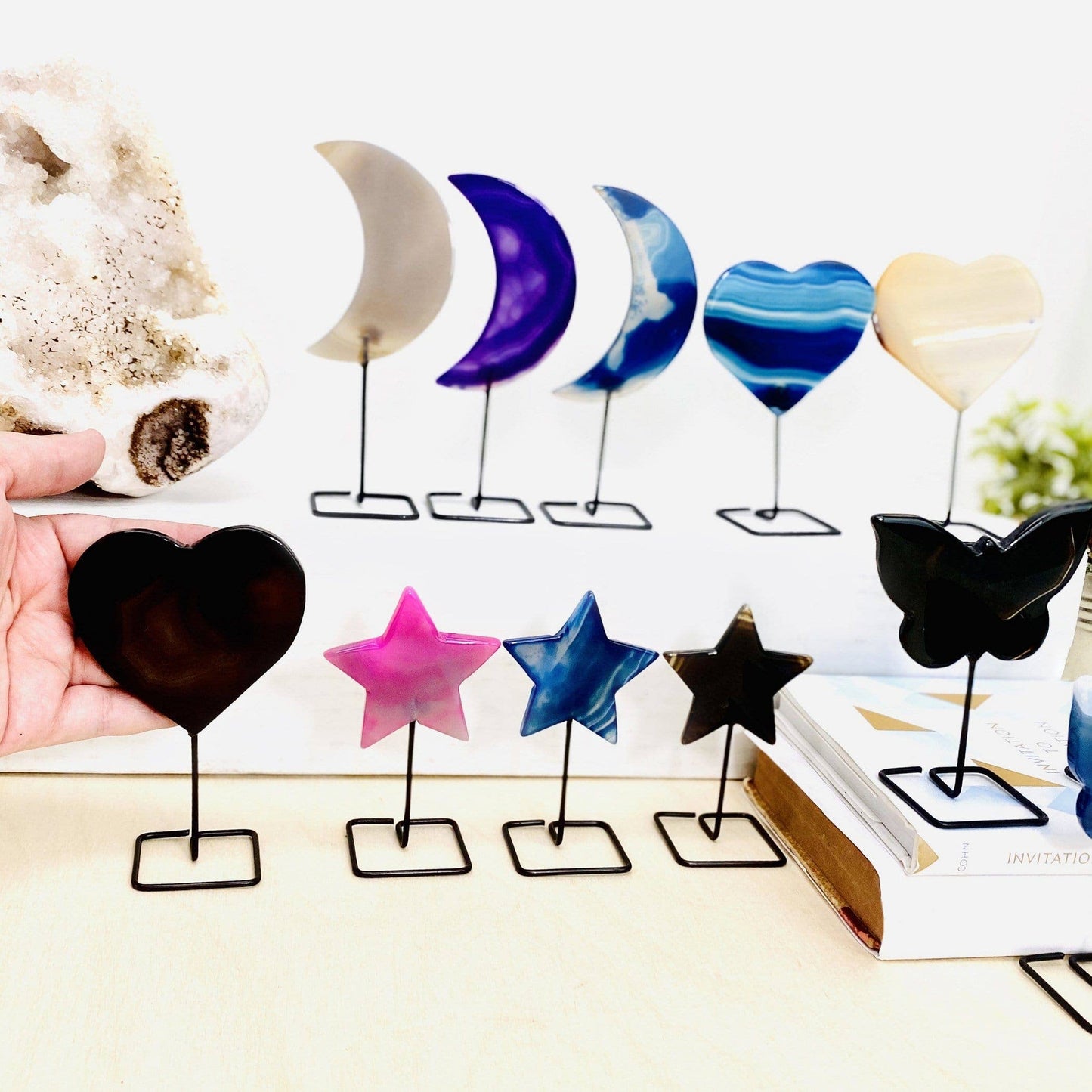 Carved Agate Stone on Metal Stand Crystal Moons Hearts