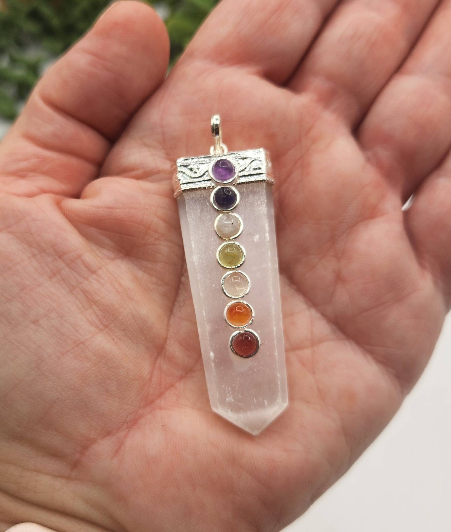 Selenite Flat Gemstone Pendant w/Chakra Stones Silver Color