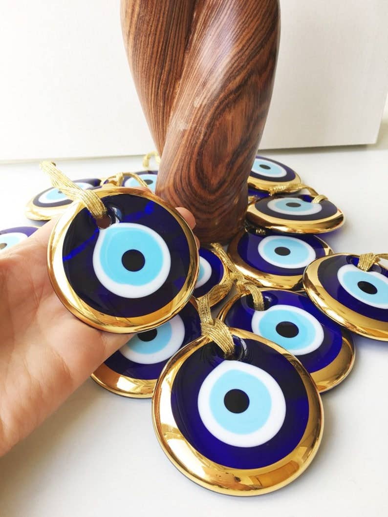 Turkish evil eye bead, gold evil eye bead, 7cm gold evil eye