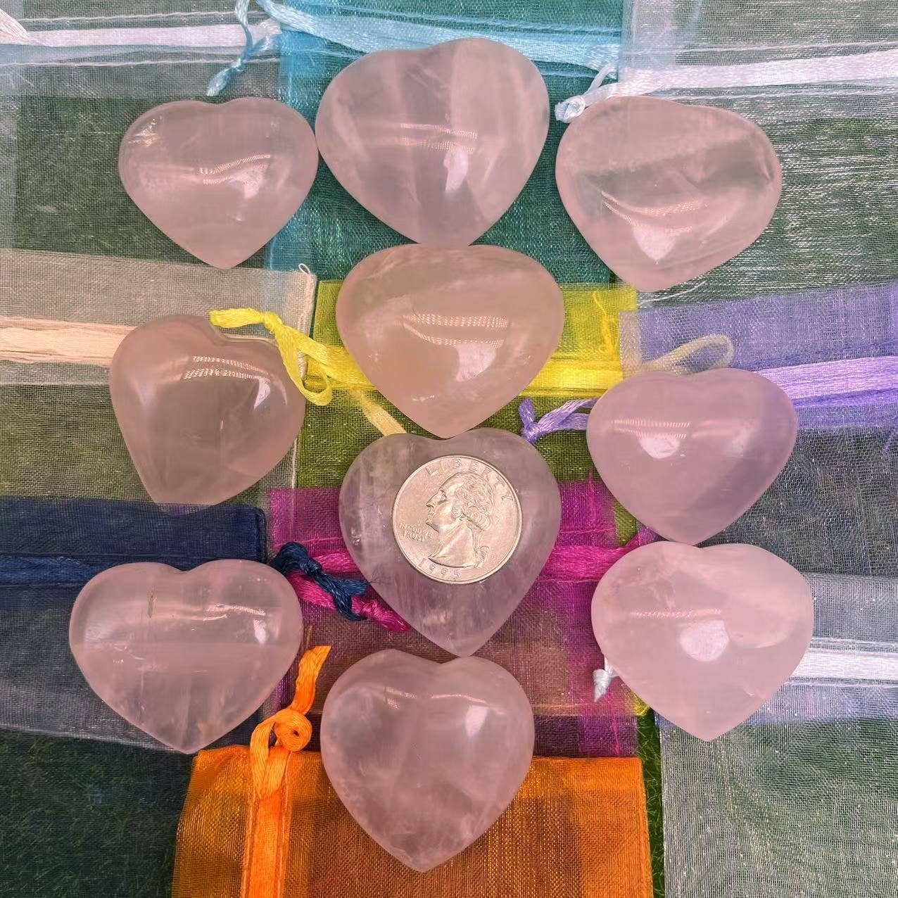 10 Pc Rose Quartz Heart with Gift Bag & Handmade Card 2 Size