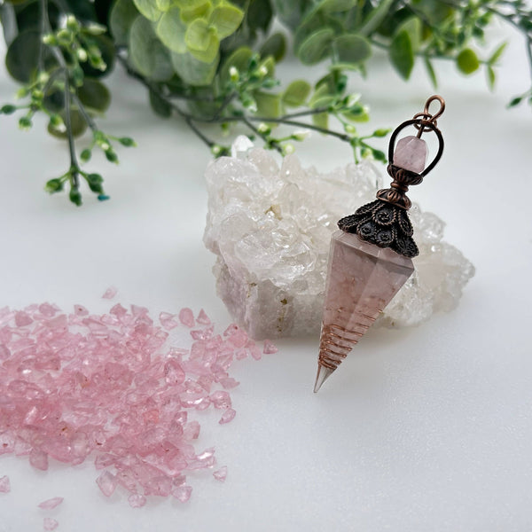 Rose Quartz Gemstone Chips w/ Copper in Resin Pendulum