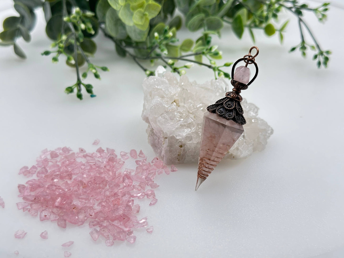 Rose Quartz Gemstone Chips w/ Copper in Resin Pendulum