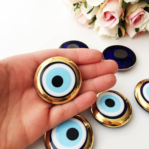 Glass evil eye magnet, gold and silver evil eye charm