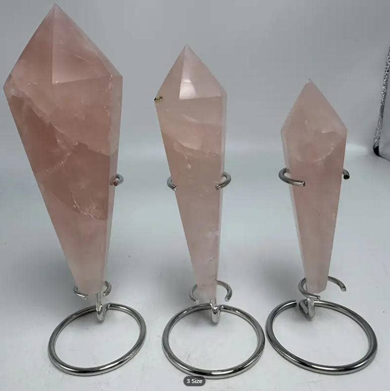 Natural Rose Quartz Scepter with Stand – 3 Sizes (3.9"–6.3")