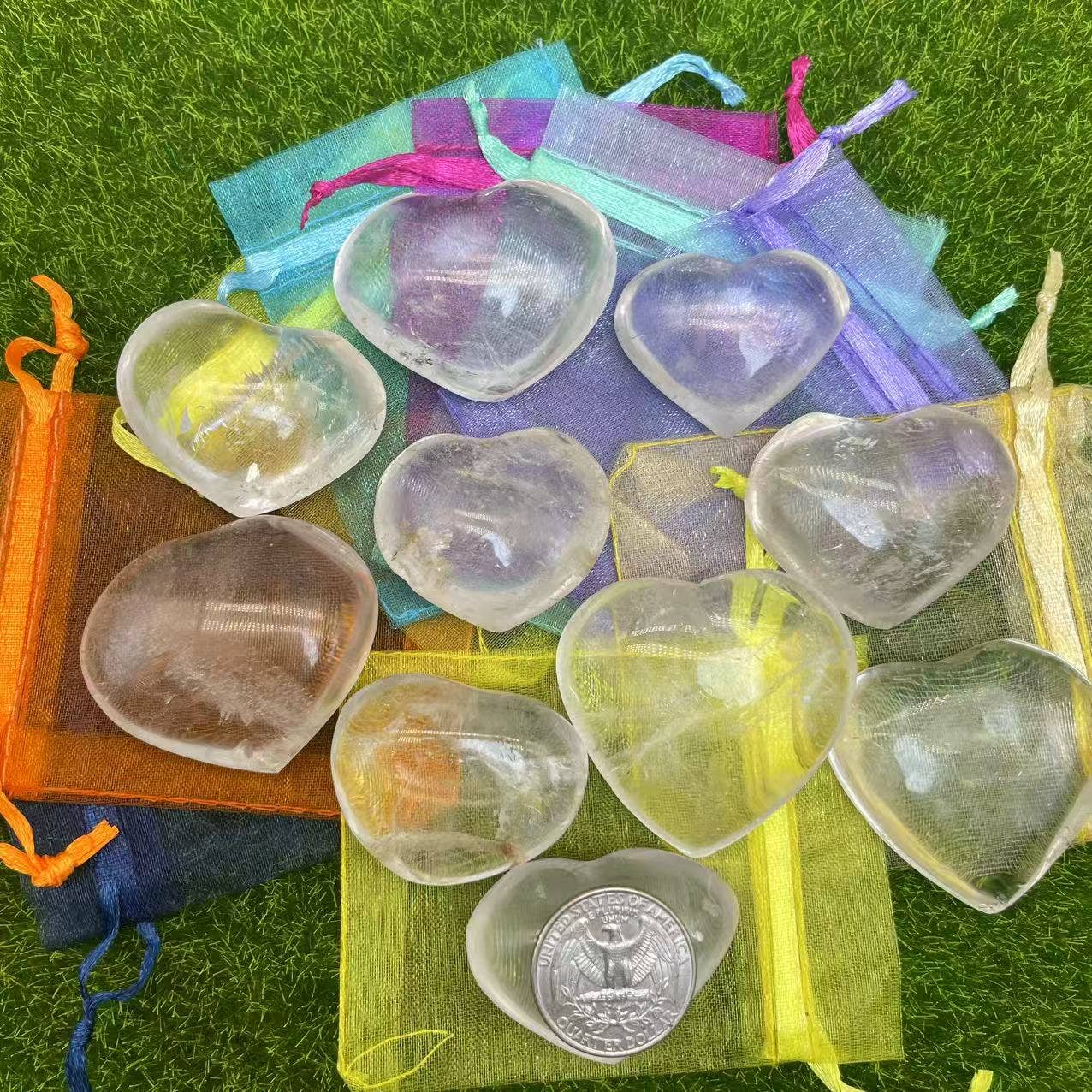 10 Pc Clear Quartz Hearts with Individual Gift Read Pack