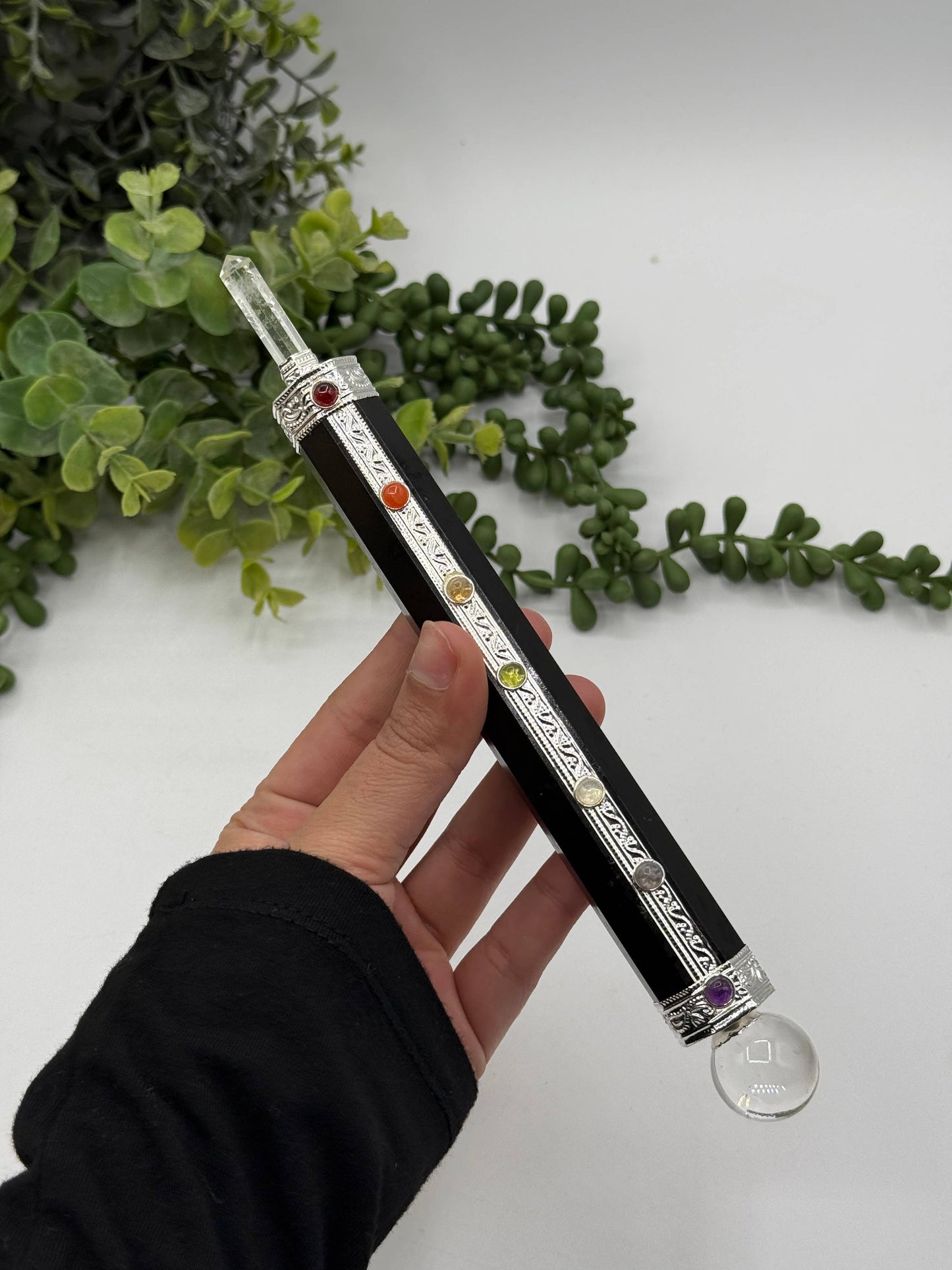 Black Tourmaline Chakra Massage Wand with clear quartz Point