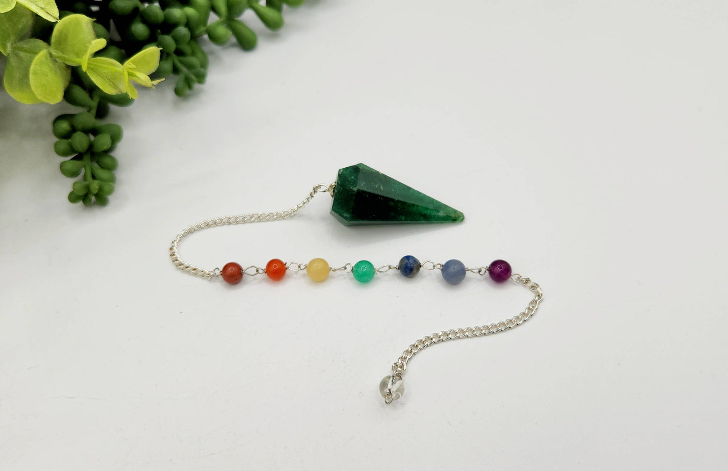 Jade Pendulum w/Chakra Beads-Silver Plate Chain