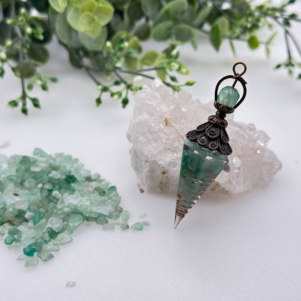 Green Aventurine Gemstone Chips w/ Copper & Resin Pendulum