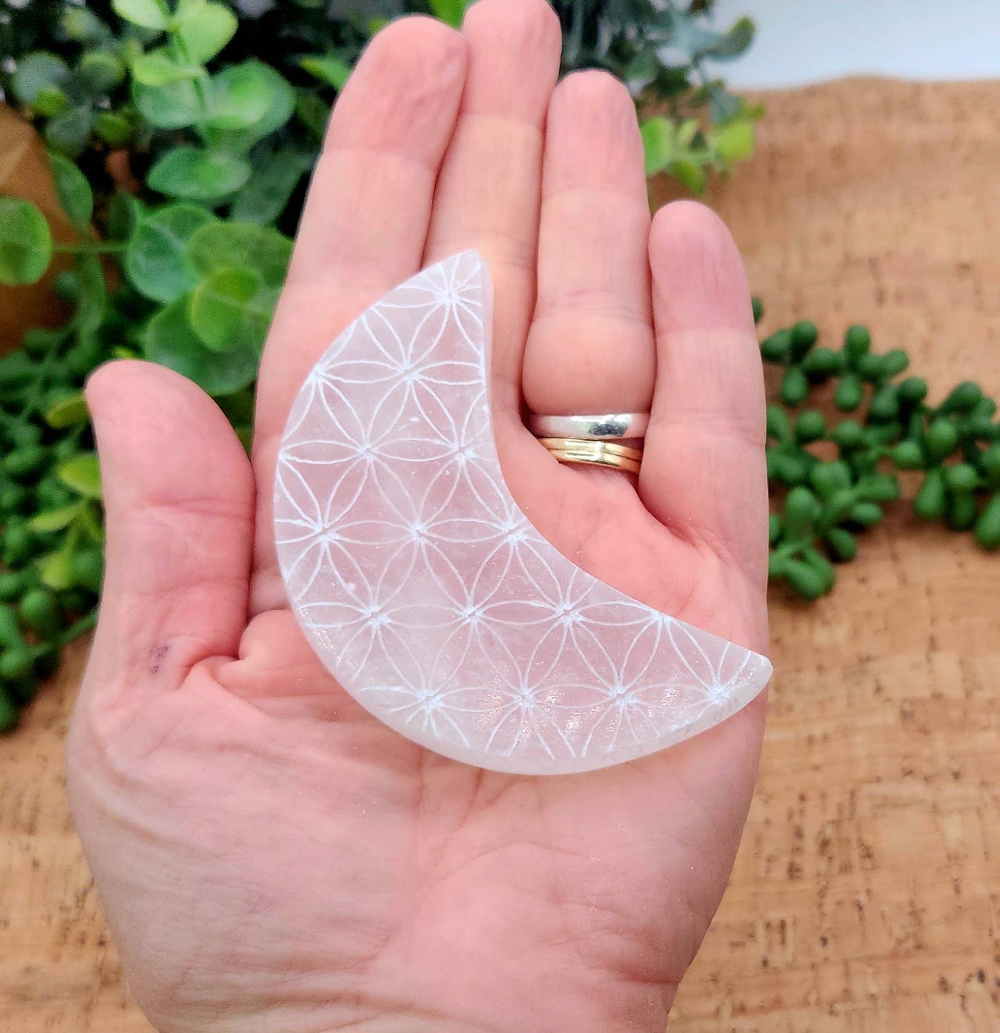 Selenite Moon Charging Plate w/Flower of Life - Approx. 7cm