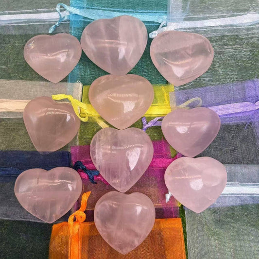 10 Pc Rose Quartz Heart with Gift Bag & Handmade Card 2 Size