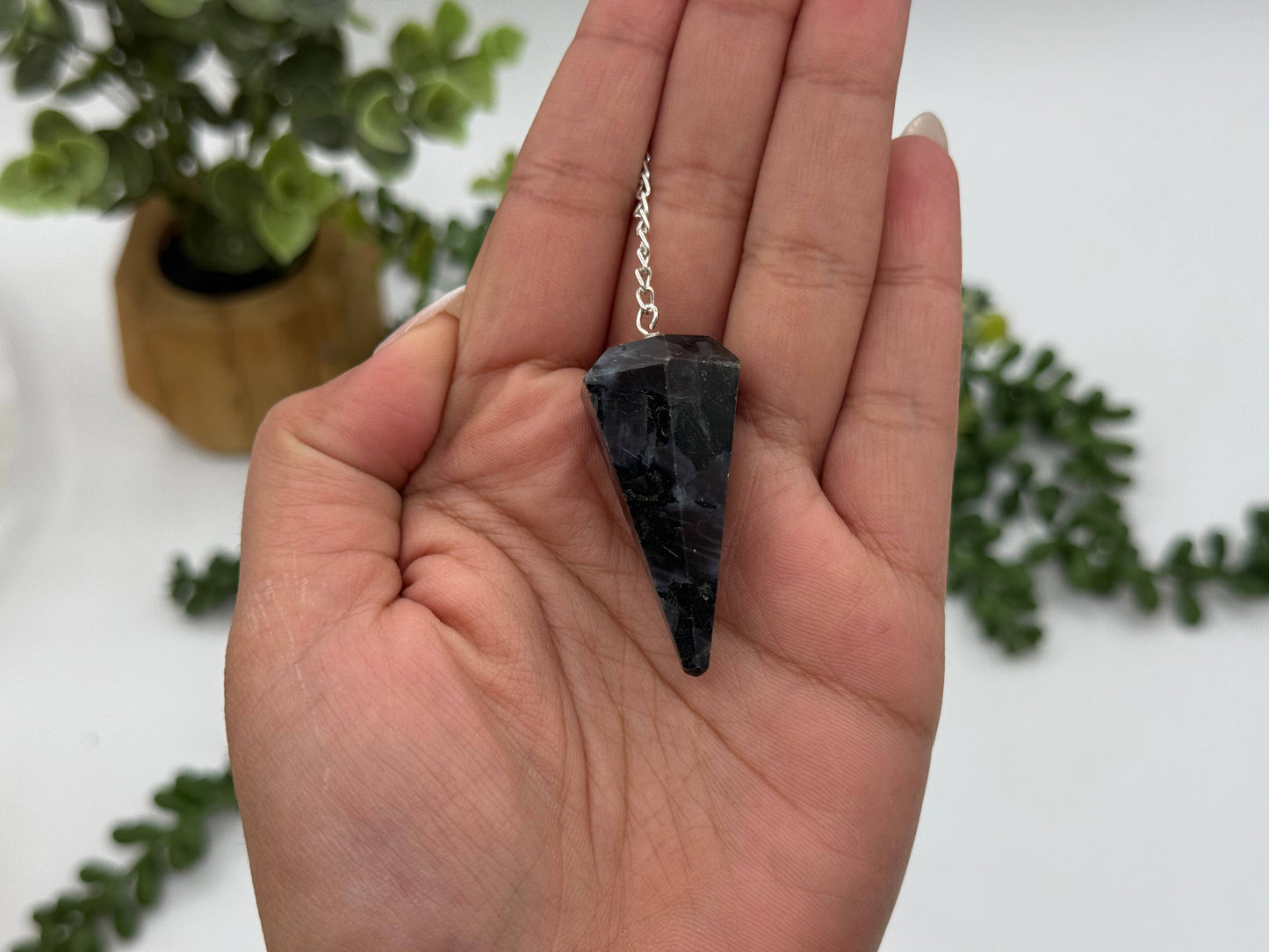 Indigo Gabbro Pendulum w/Chakra Beads-Silver Plate Chain