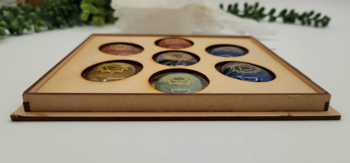 Chakra Crystal Set-Palmstone Shape-Yoga/Meditation Box-Wood