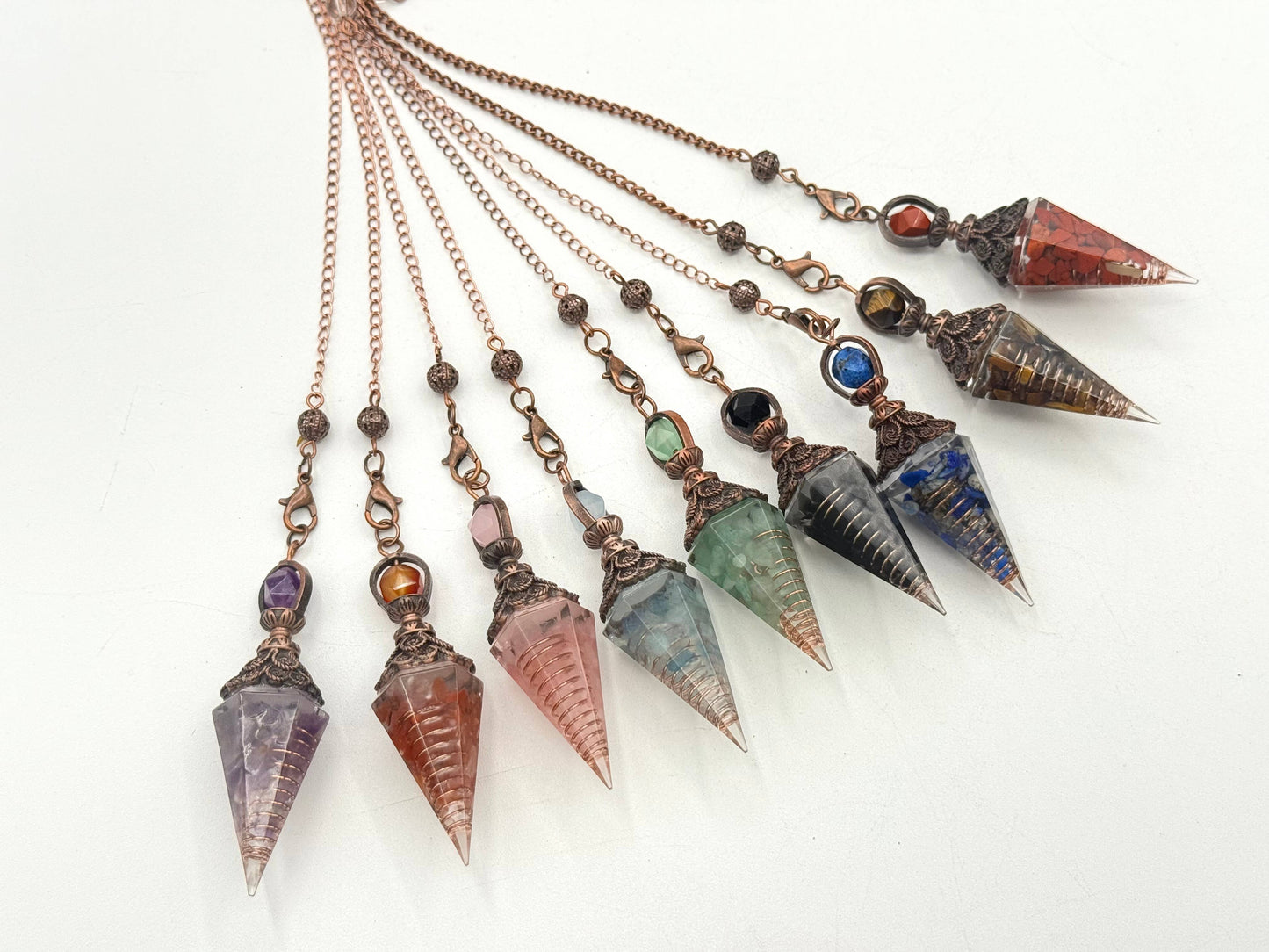 Rose Quartz Gemstone Chips w/ Copper in Resin Pendulum