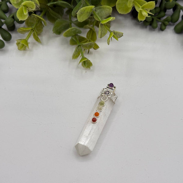 Gemstone Selenite Pencil Pendant w/Chakra/Silver Metal