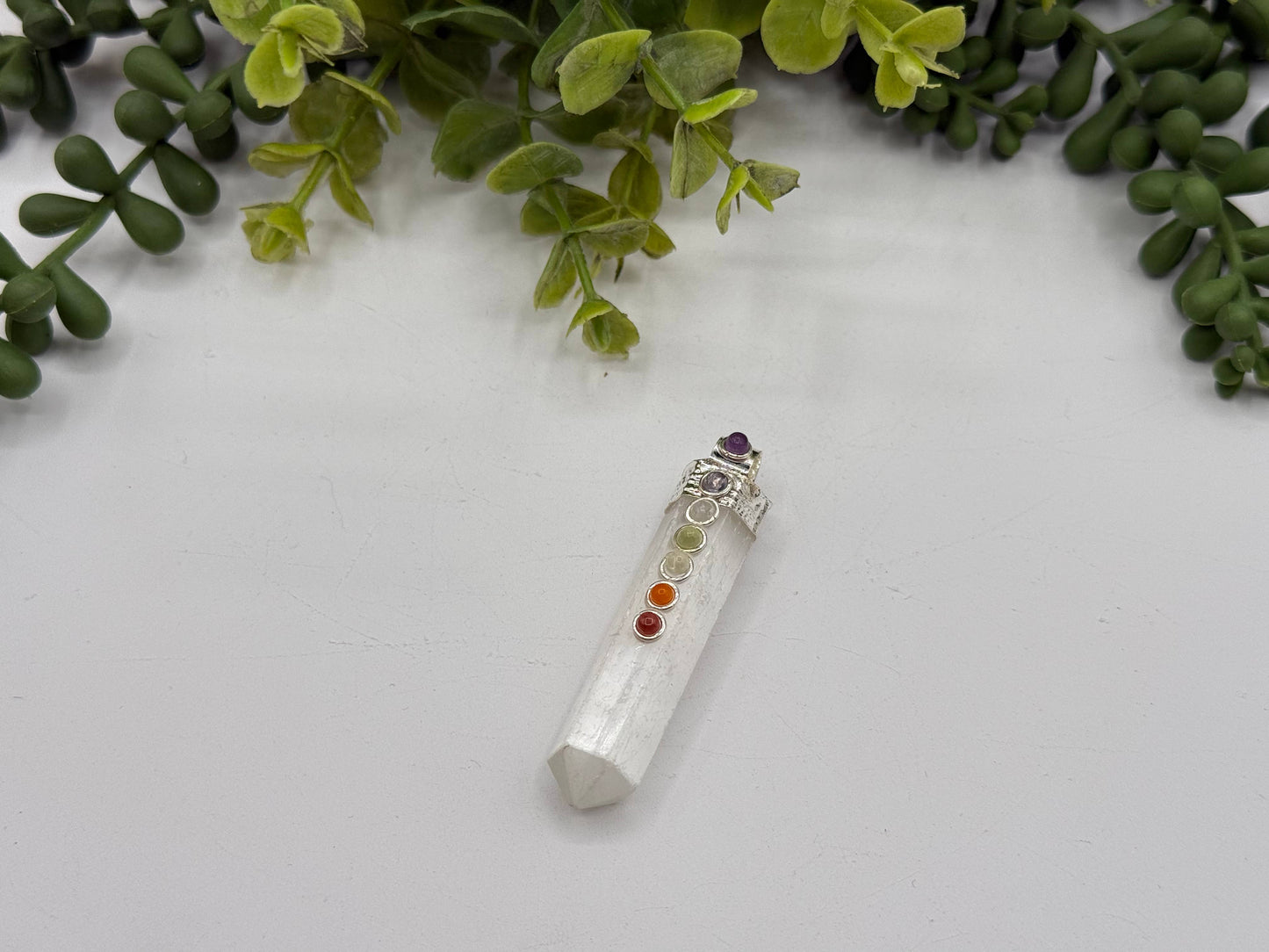 Gemstone Selenite Pencil Pendant w/Chakra/Silver Metal