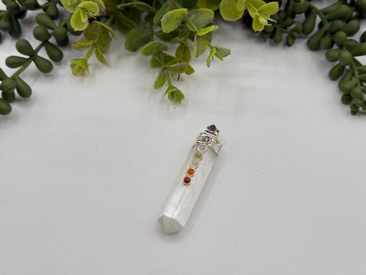 Gemstone Selenite Pencil Pendant w/Chakra/Silver Metal