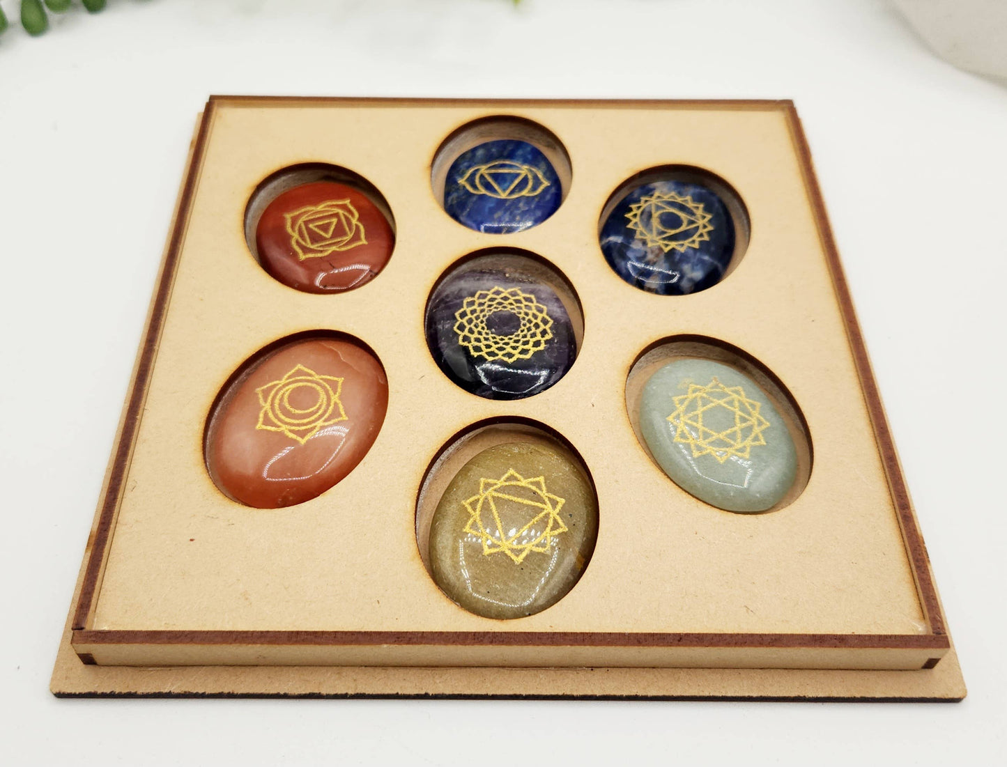 Chakra Crystal Set-Palmstone Shape-Yoga/Meditation Box-Wood