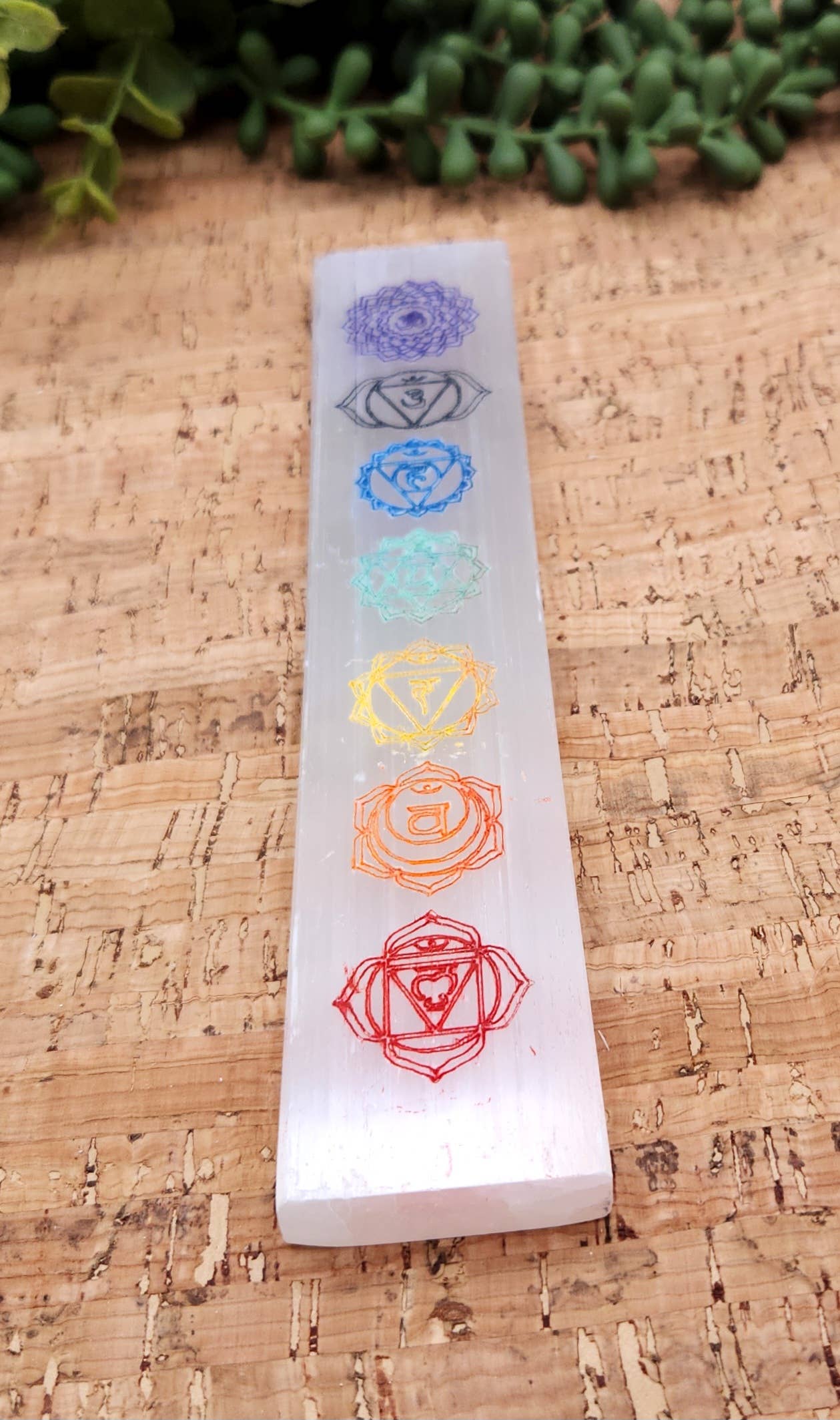Selenite Charging Bar-Engraved w/Chakra Symbols-Painted-20cm