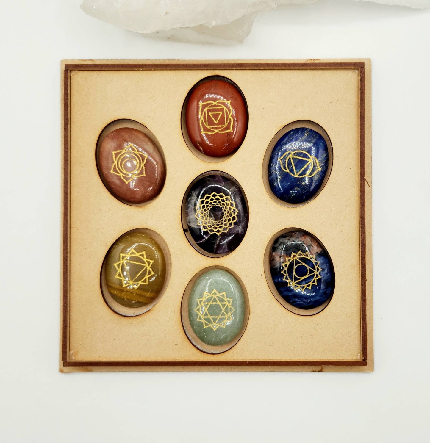 Chakra Crystal Set-Palmstone Shape-Yoga/Meditation Box-Wood