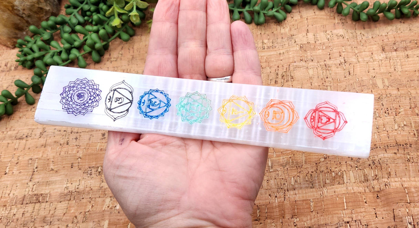Selenite Charging Bar-Engraved w/Chakra Symbols-Painted-20cm
