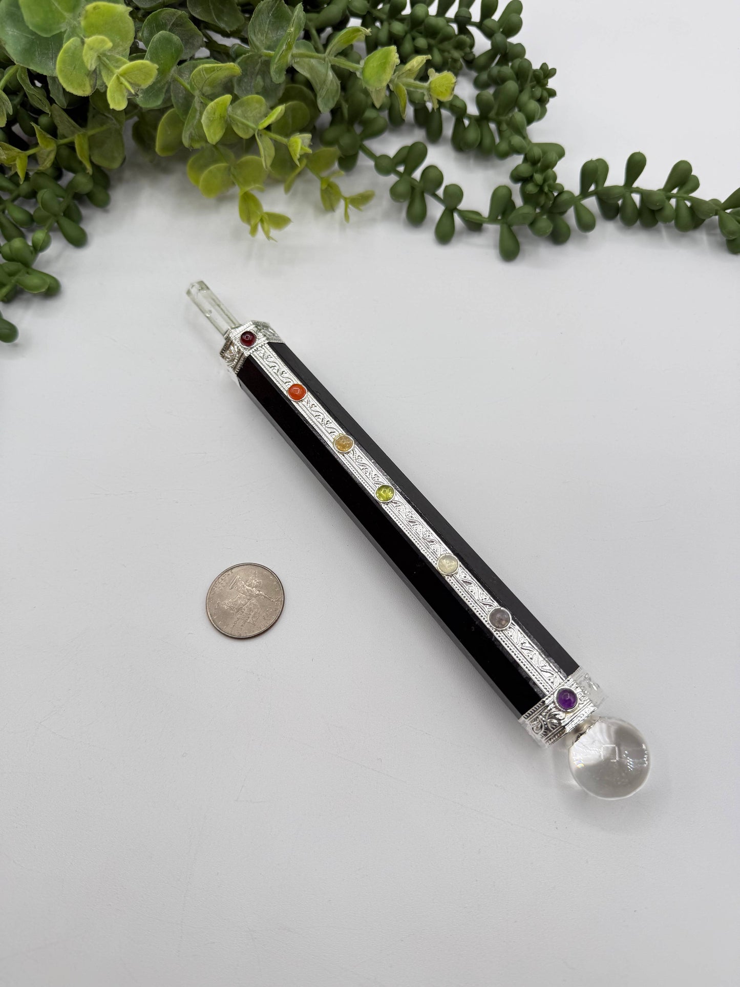 Black Tourmaline Chakra Massage Wand with clear quartz Point