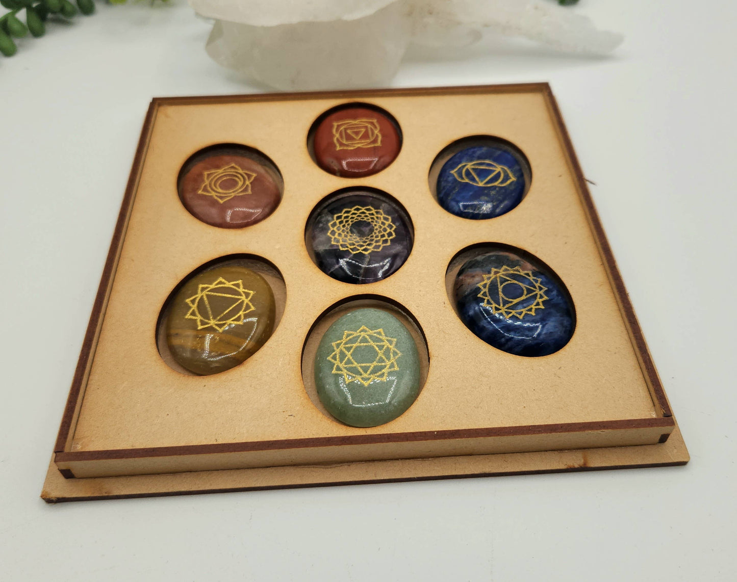 Chakra Crystal Set-Palmstone Shape-Yoga/Meditation Box-Wood