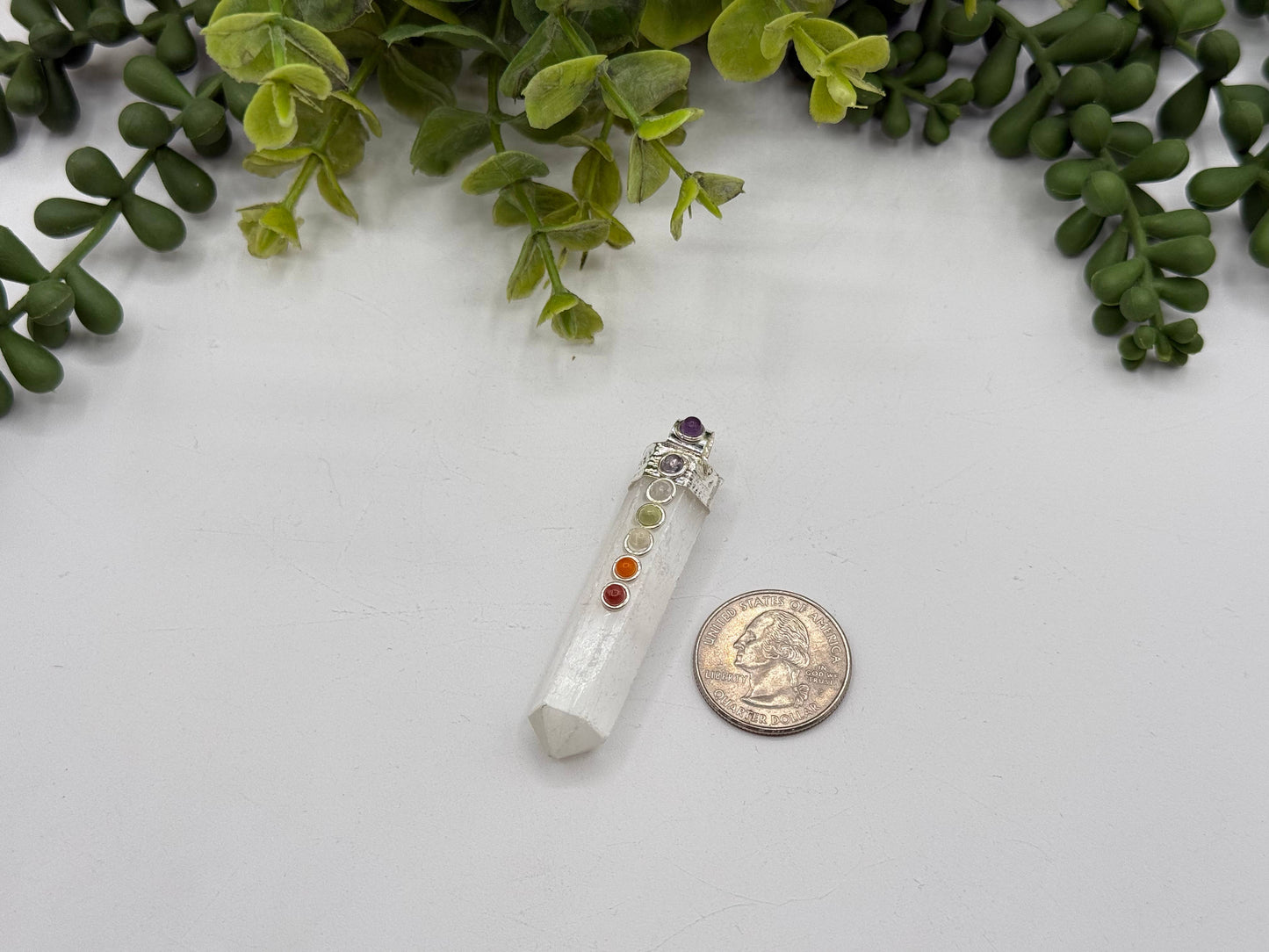 Gemstone Selenite Pencil Pendant w/Chakra/Silver Metal