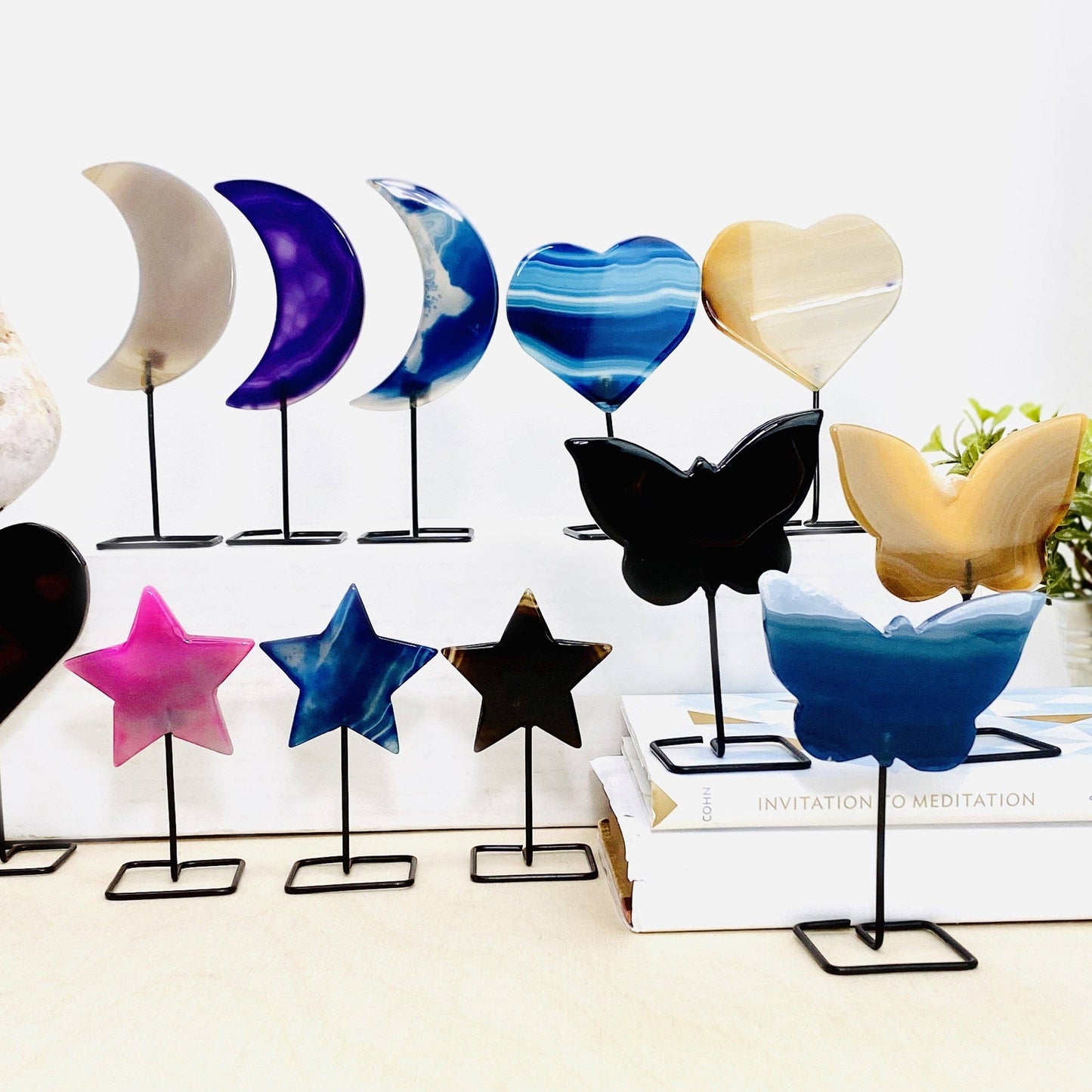 Carved Agate Stone on Metal Stand Crystal Moons Hearts