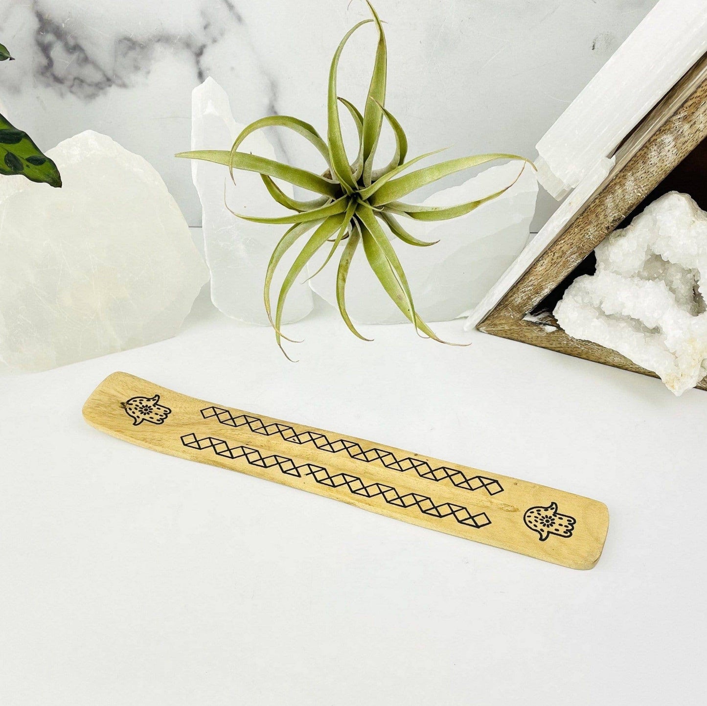 Crystal Wooden Incense Burner with Hamsa Hand Accent