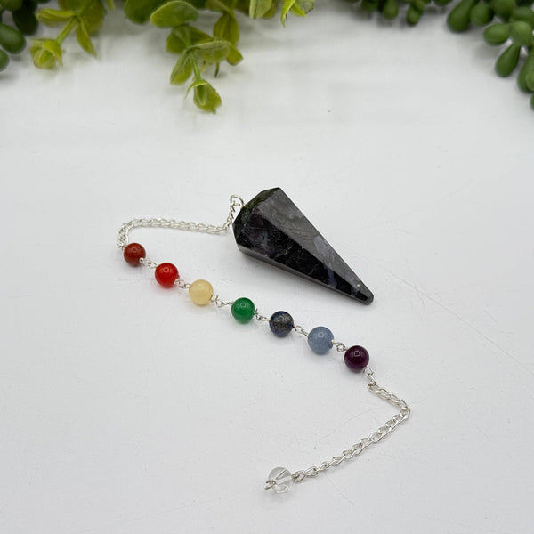 Indigo Gabbro Pendulum w/Chakra Beads-Silver Plate Chain