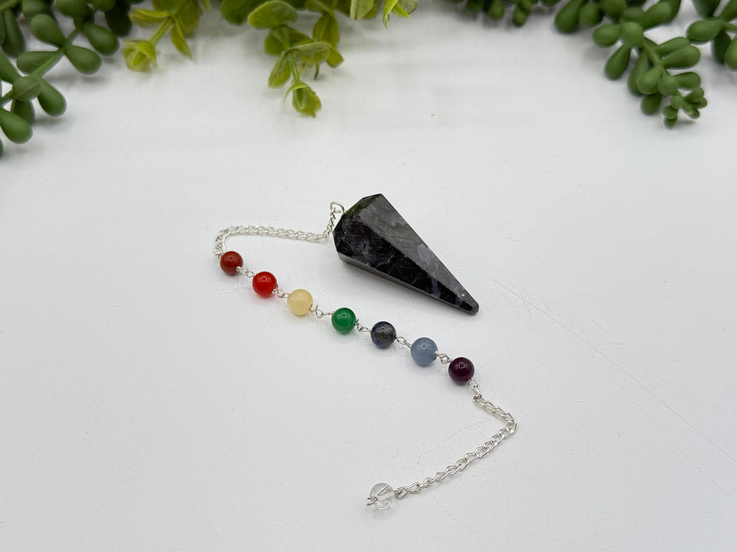 Indigo Gabbro Pendulum w/Chakra Beads-Silver Plate Chain