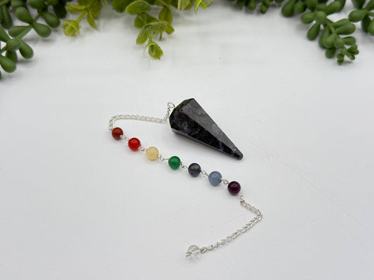 Indigo Gabbro Pendulum w/Chakra Beads-Silver Plate Chain