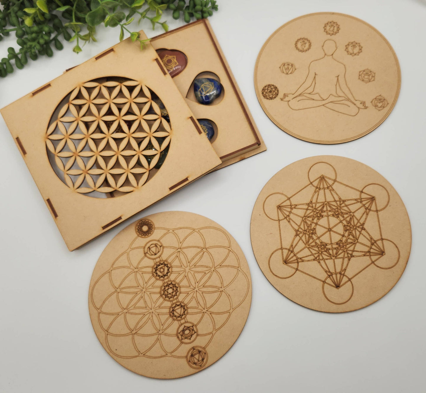 Chakra Crystal Set-Palmstone Shape-Yoga/Meditation Box-Wood