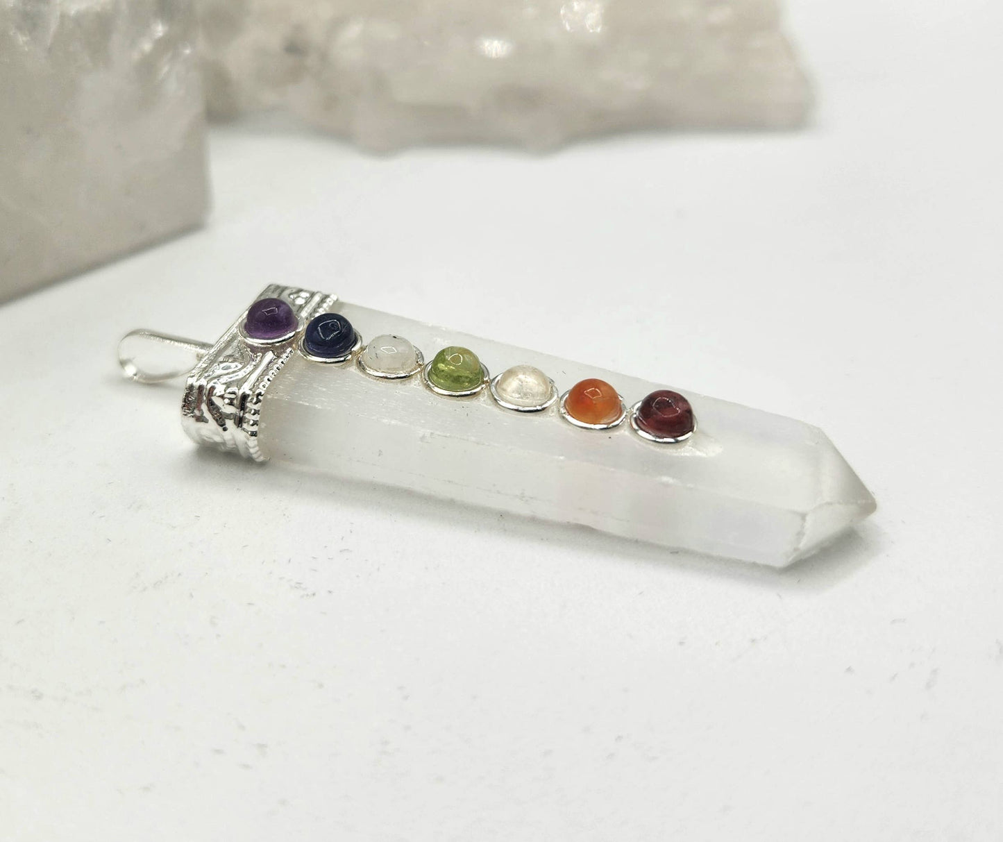 Selenite Flat Gemstone Pendant w/Chakra Stones Silver Color