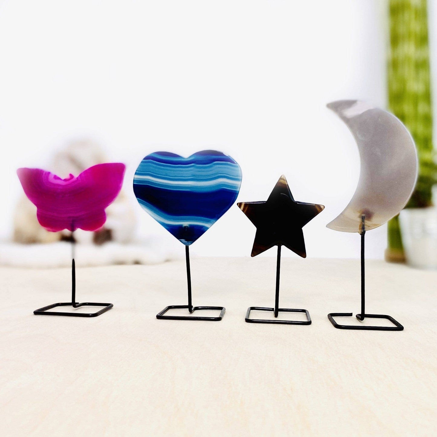 Carved Agate Stone on Metal Stand Crystal Moons Hearts