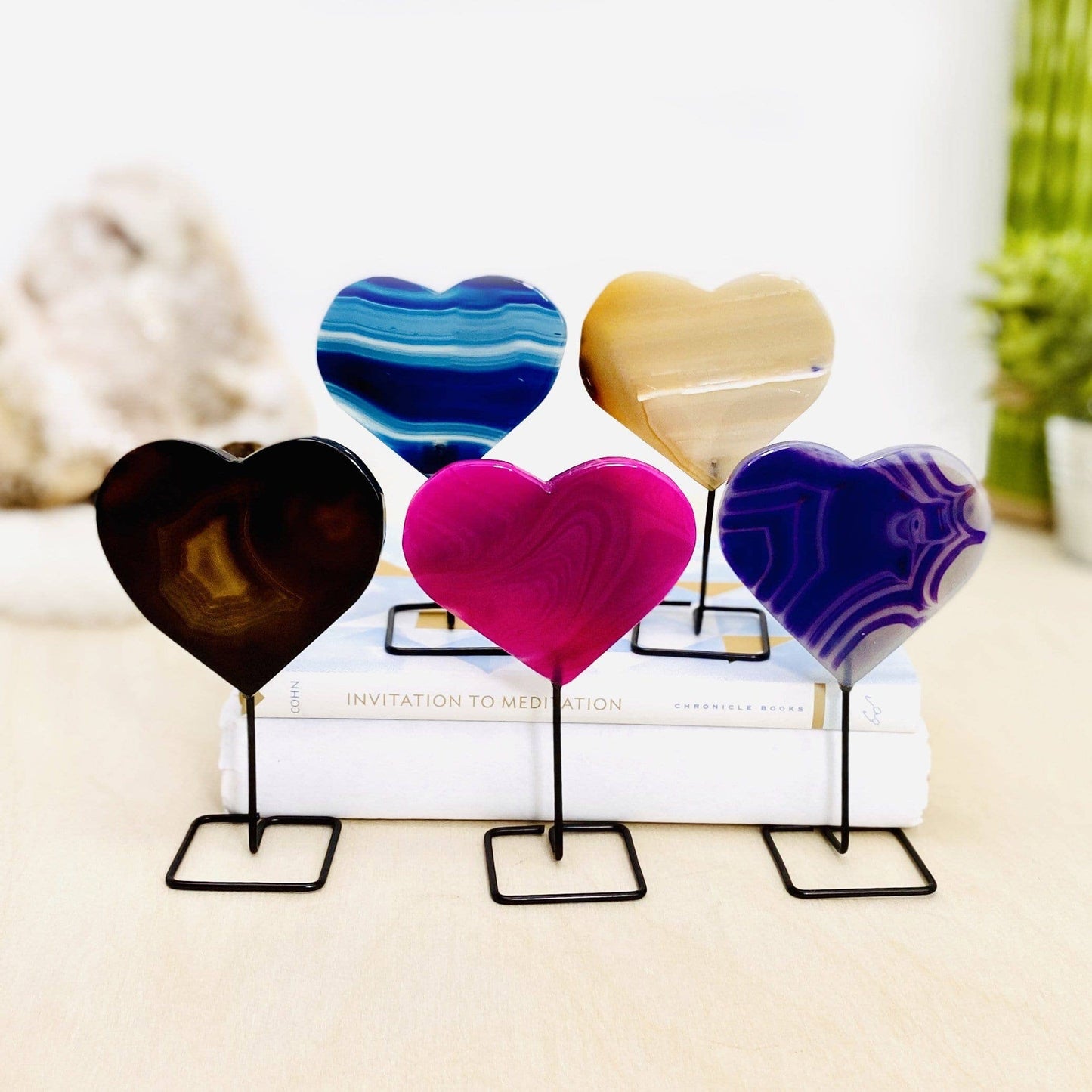 Carved Agate Stone on Metal Stand Crystal Moons Hearts