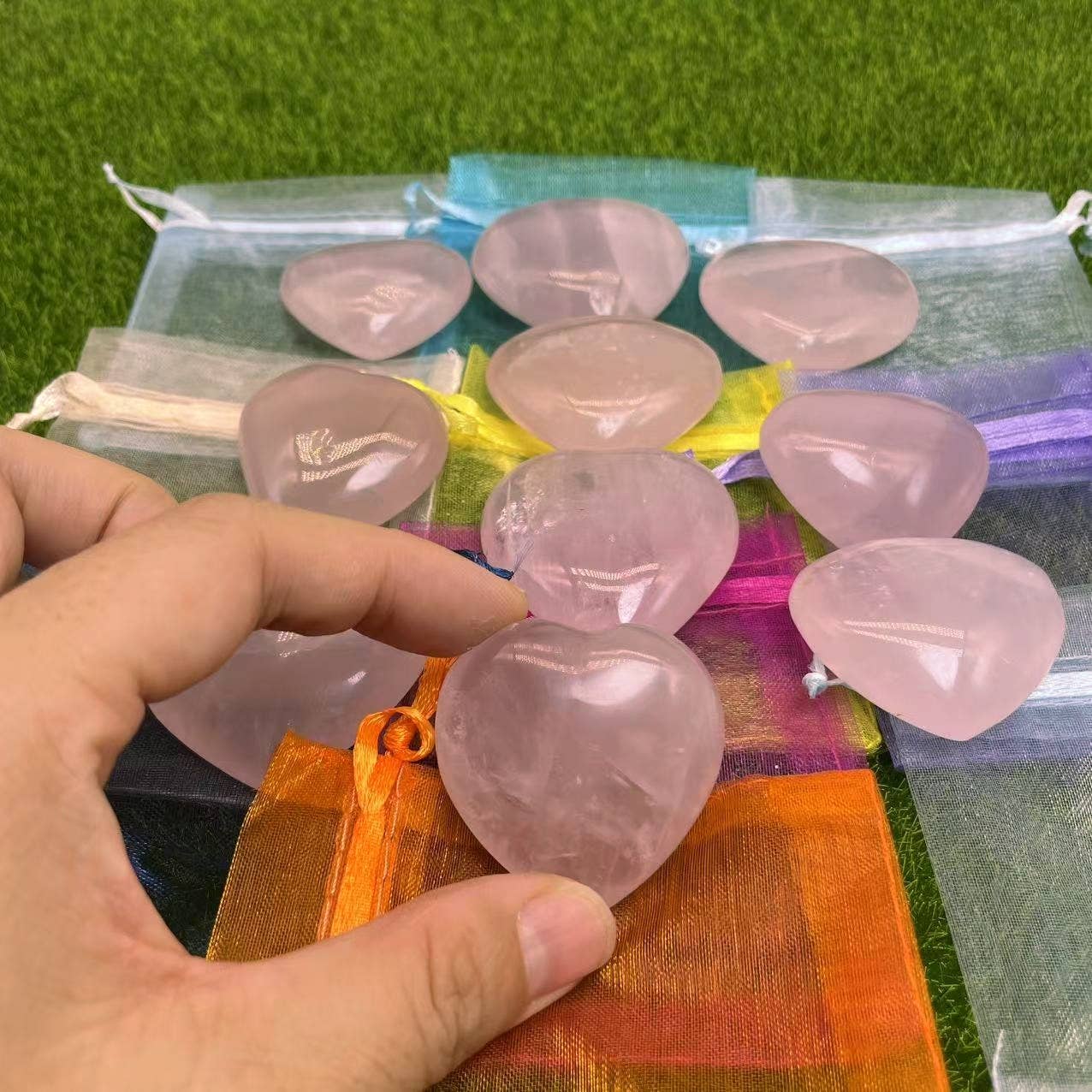 10 Pc Rose Quartz Heart with Gift Bag & Handmade Card 2 Size