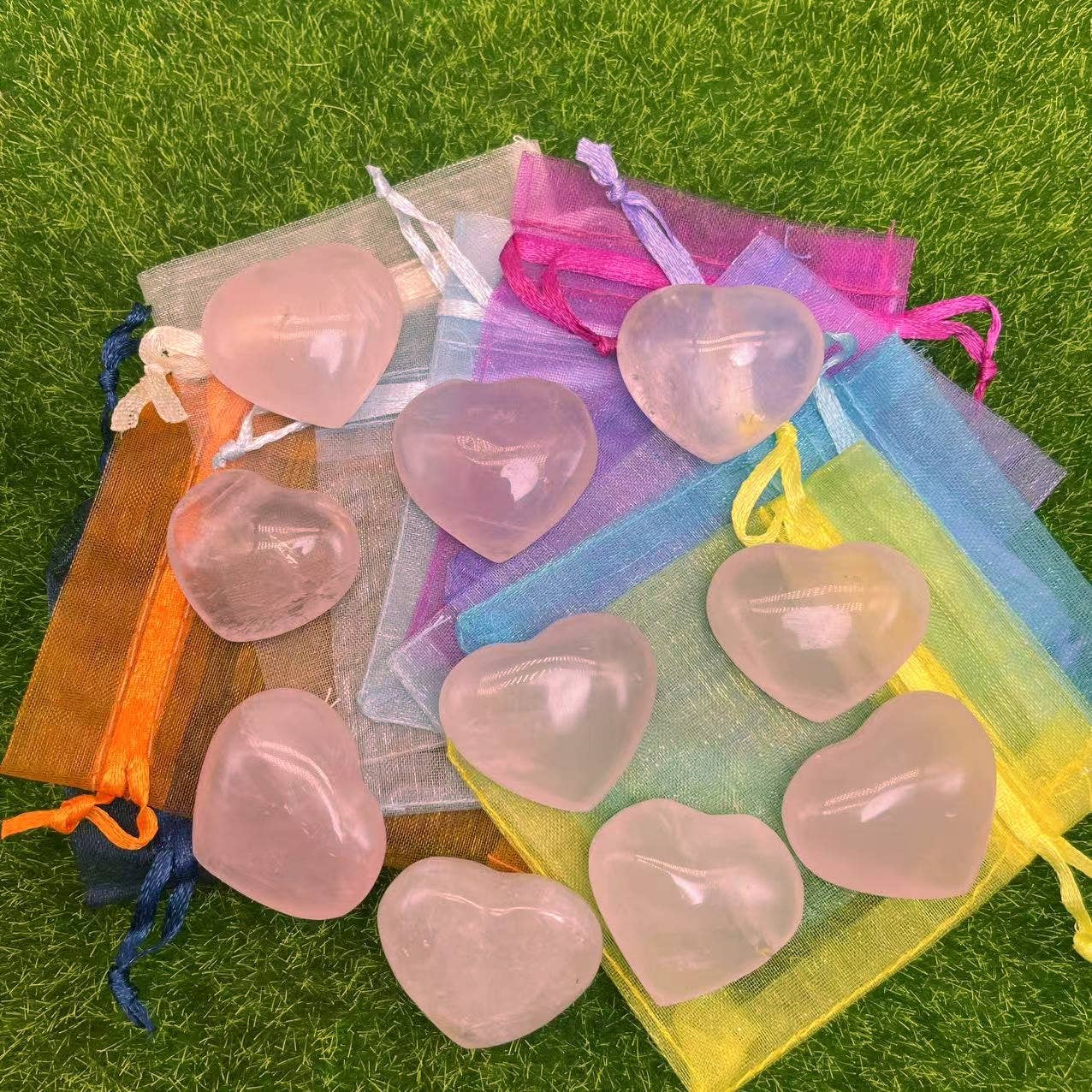10 Pc Rose Quartz Heart with Gift Bag & Handmade Card 2 Size