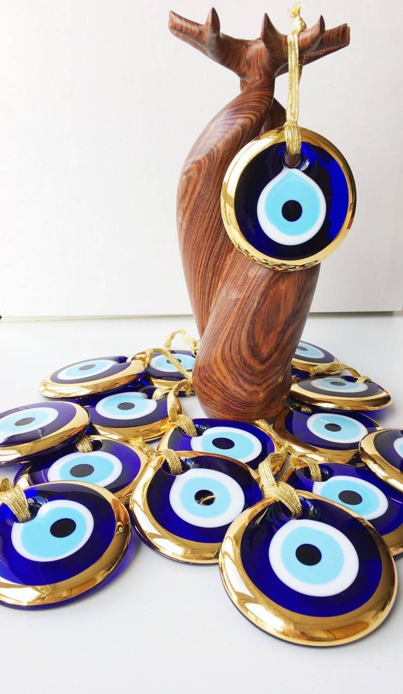 Turkish evil eye bead, gold evil eye bead, 7cm gold evil eye