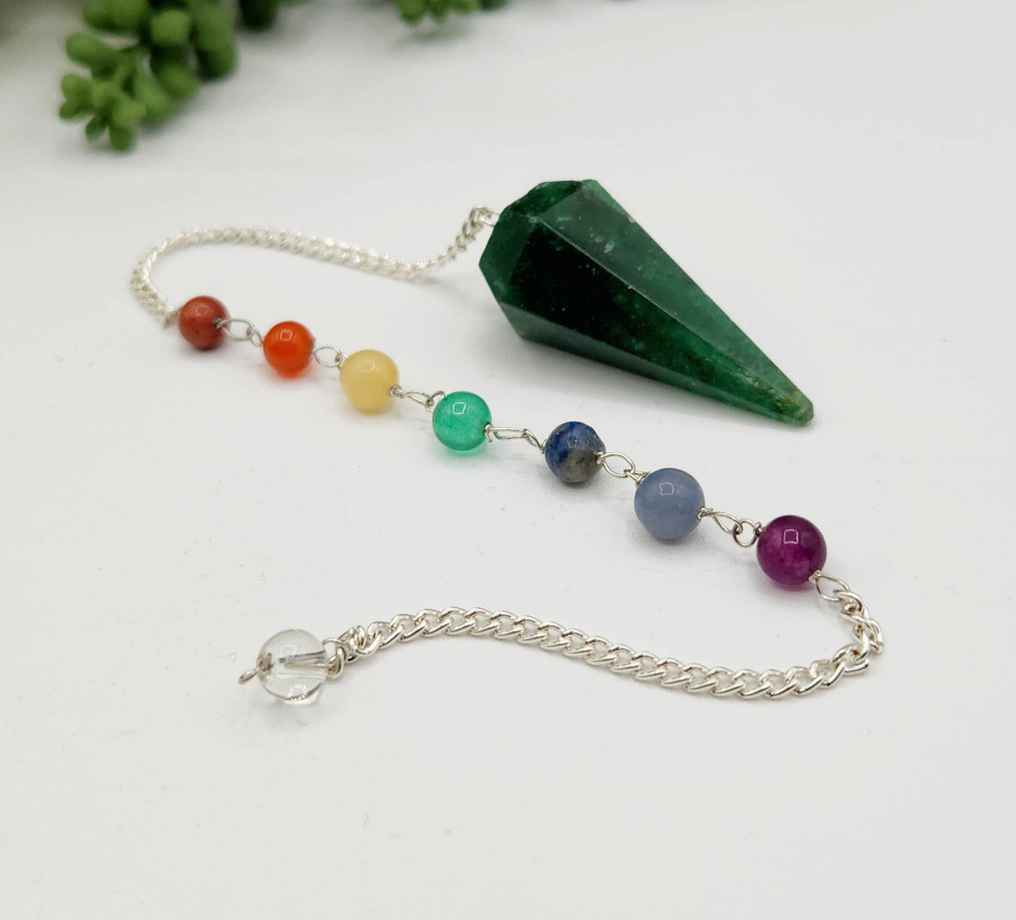 Jade Pendulum w/Chakra Beads-Silver Plate Chain