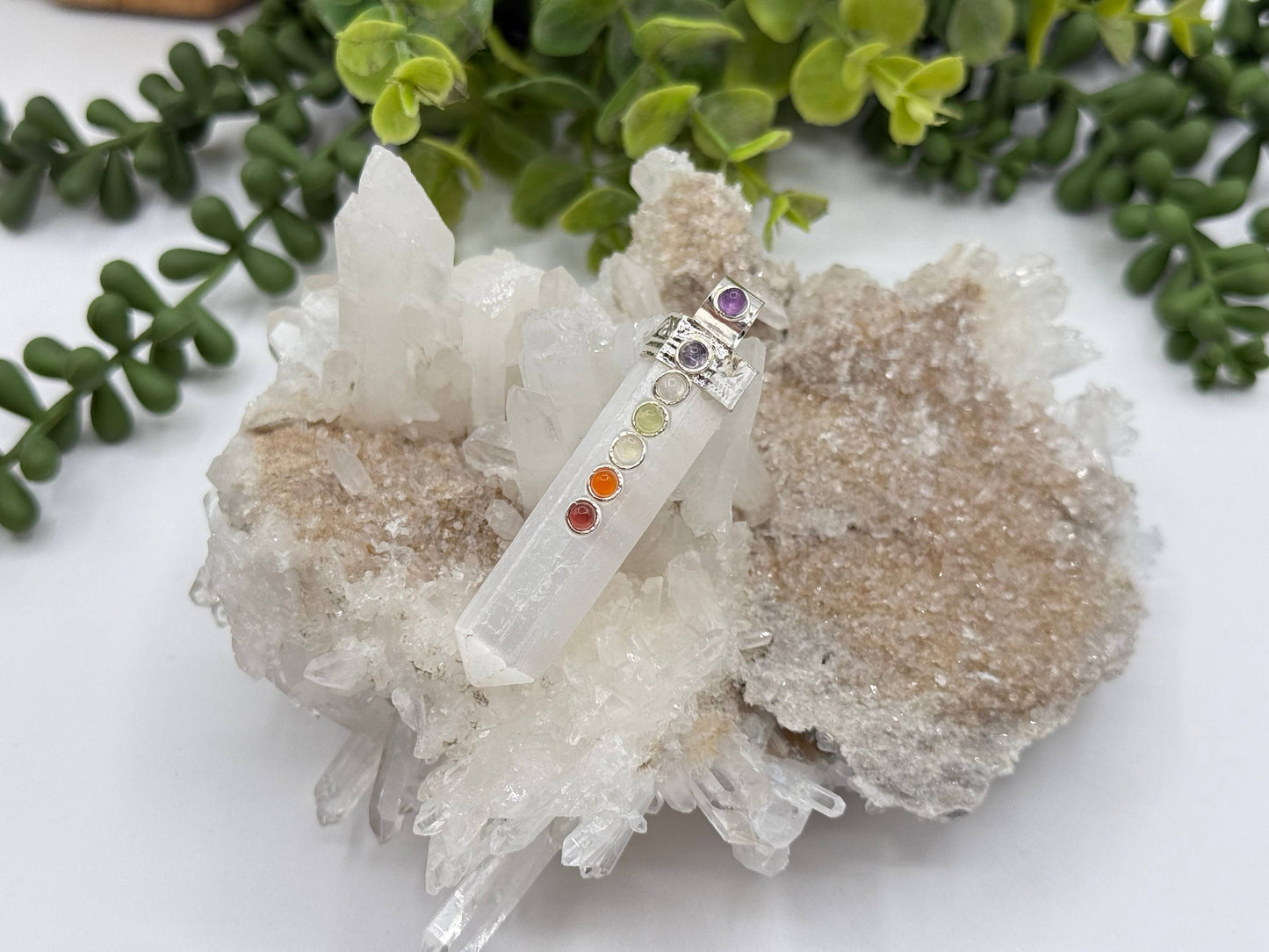 Gemstone Selenite Pencil Pendant w/Chakra/Silver Metal