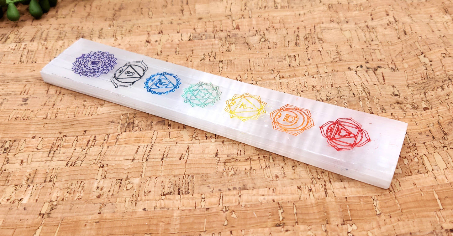 Selenite Charging Bar-Engraved w/Chakra Symbols-Painted-20cm