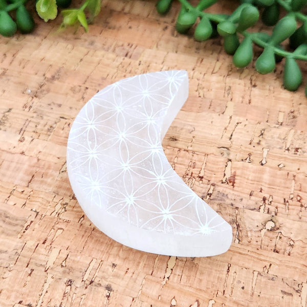 Selenite Moon Charging Plate w/Flower of Life - Approx. 7cm