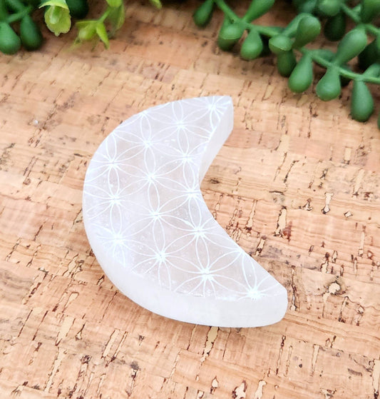 Selenite Moon Charging Plate w/Flower of Life - Approx. 7cm