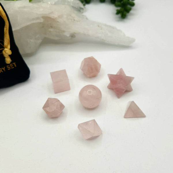 Rose Quartz 7 piece Platonic Geometry Set with Velvet Bag