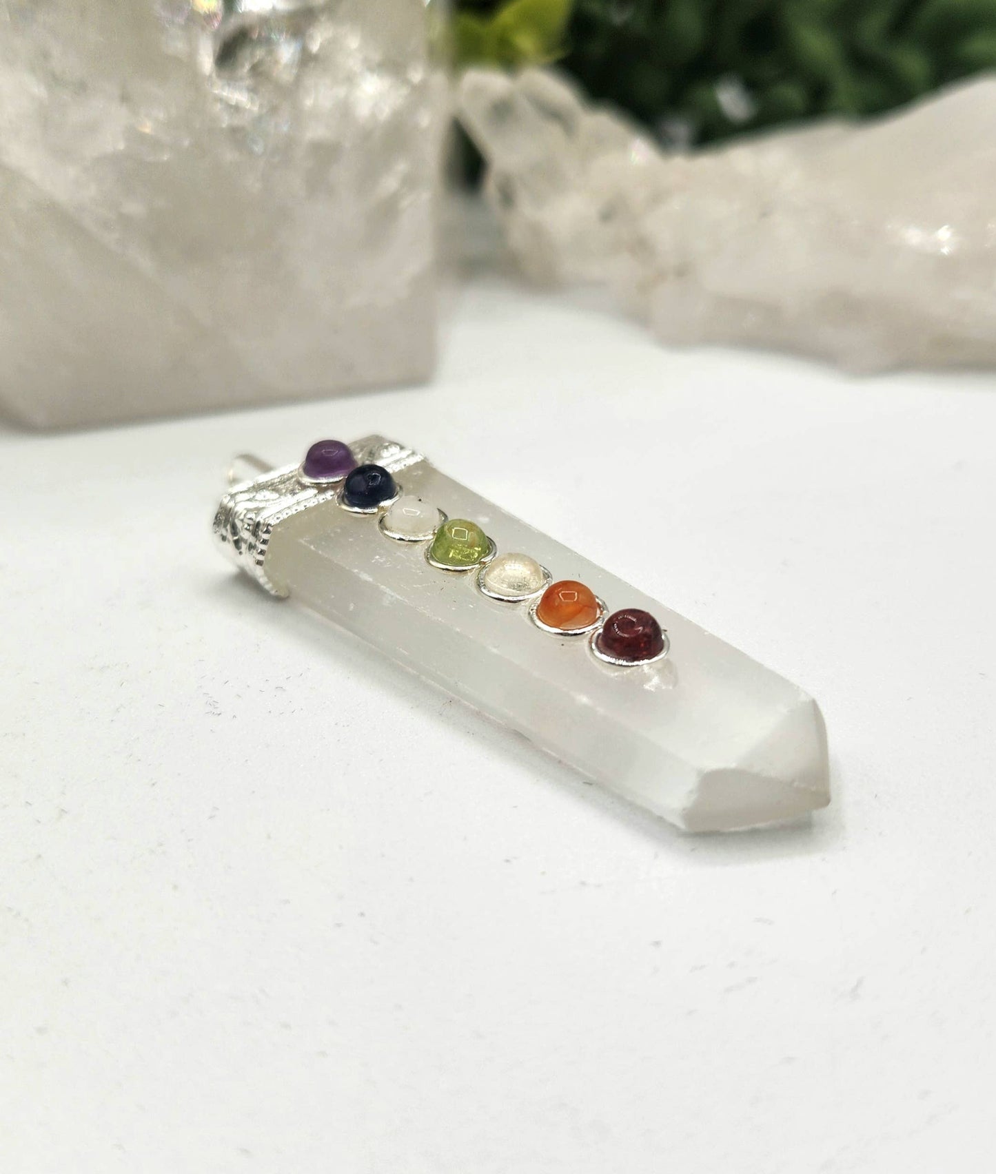 Selenite Flat Gemstone Pendant w/Chakra Stones Silver Color
