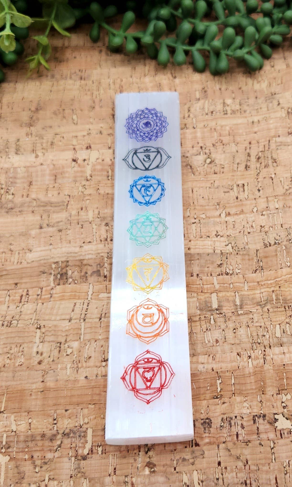 Selenite Charging Bar-Engraved w/Chakra Symbols-Painted-20cm