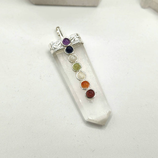 Selenite Flat Gemstone Pendant w/Chakra Stones Silver Color