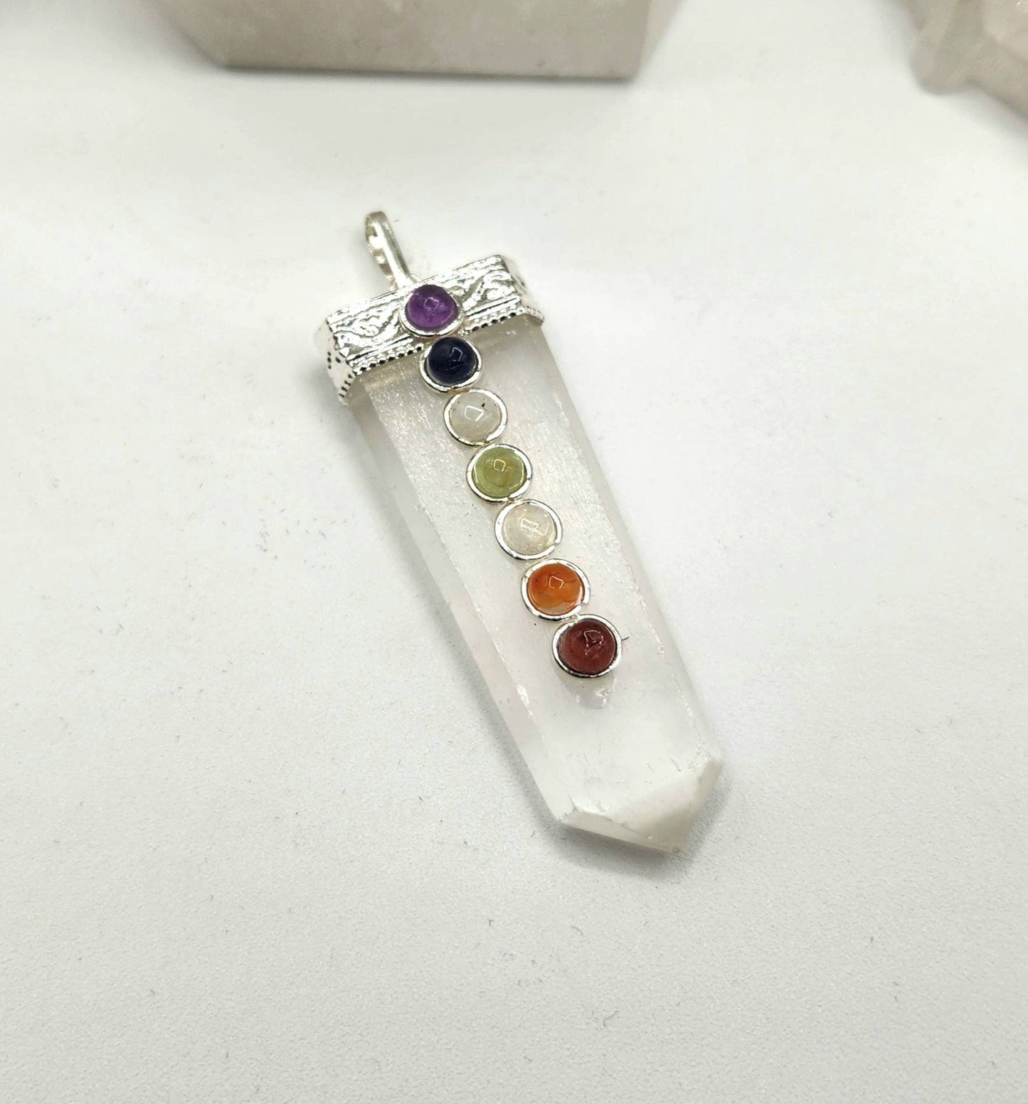 Selenite Flat Gemstone Pendant w/Chakra Stones Silver Color