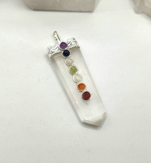 Selenite Flat Gemstone Pendant w/Chakra Stones Silver Color